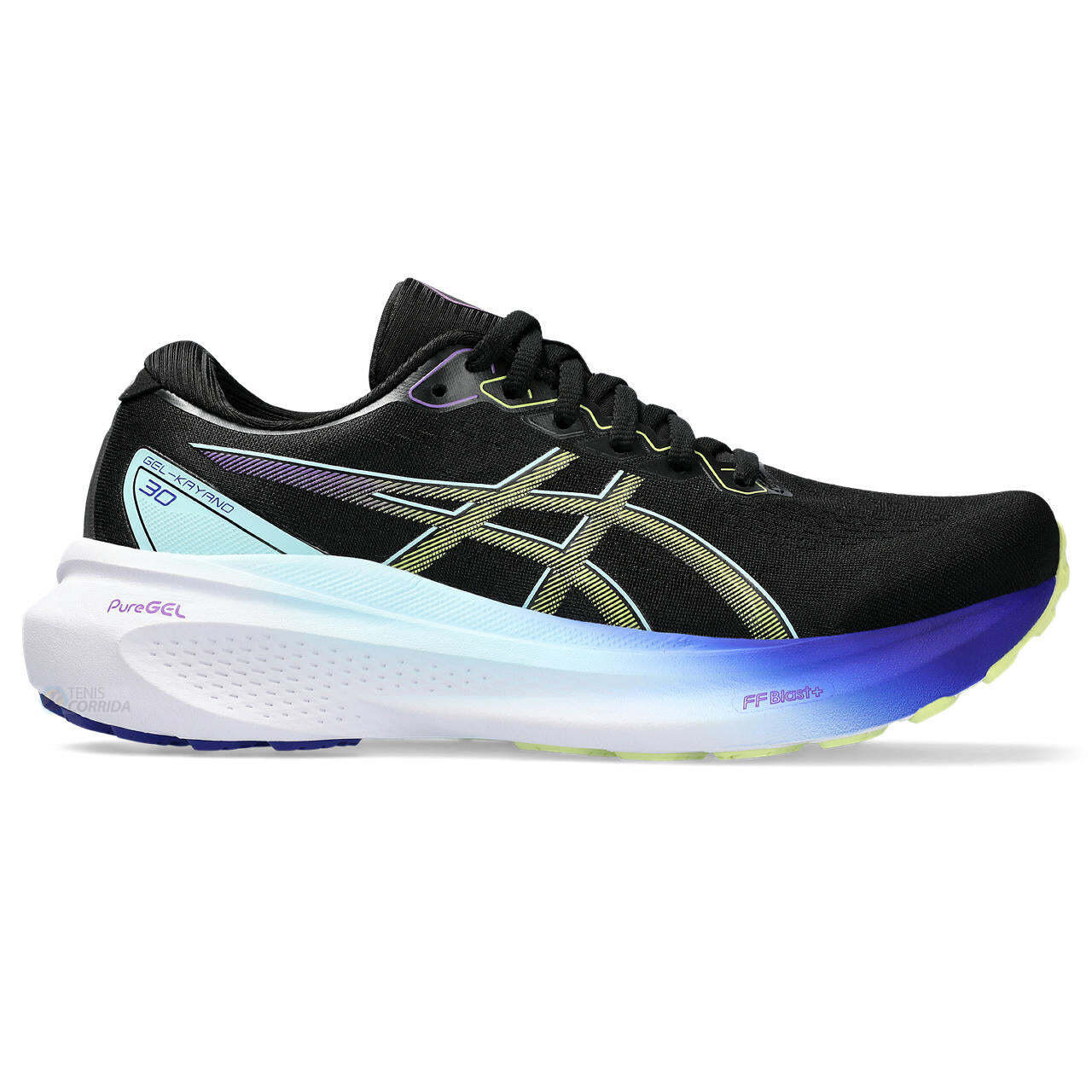 Tênis Asics Gel Kayano 30 - Preto Azul e Amarelo  - Feminino